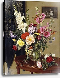 Постер Уильямс Альберт (совр) Still Life with Gladioli, Roses and Hollyhocks before an Embroidered Curtain,
