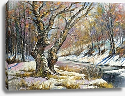 Постер Зимний пейзаж с лесом и рекой