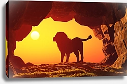 Постер Силуэт льва в пещере на фоне заката 
