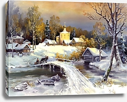 Постер Сельский зимний пейзаж с мостом