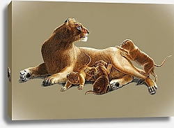Постер Львица со львятами на оливковом фоне