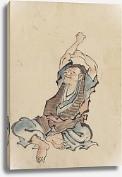 Постер Хокусай Кацушика A man, facing left, wearing several layers of clothing, sitting with arms raised over his head, practicing yoga