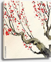 Постер Красные цветы на ветвях деревьев