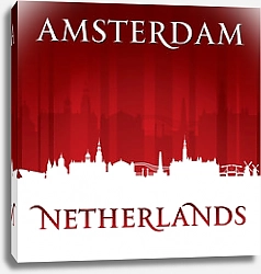 Постер Амстердам, Нидерланды. Силуэт города на красном фоне