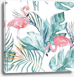 Постер Тропический фон с фламинго и листьями