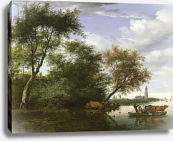 Постер Русдал Соломон Wooded river landscape with figures and cattle on a ferryboat