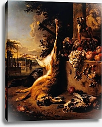 Постер Виникс Ян Gibier mort, singe et fruits devant un paysage