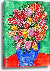 Постер Букет разноцветных тюльпанов в синей вазе