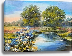 Постер Река в лесу, красочные поля цветов