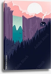 Постер Пейзаж с водопадом, горами, лесом и домом