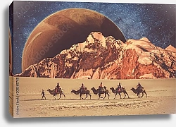Постер Люди верхом на верблюдах в пустыне на другой планете во Вселенной
