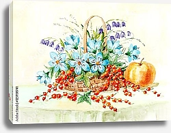 Постер Сельский натюрморт. Корзина из красной смородины и полевых цветов на столе