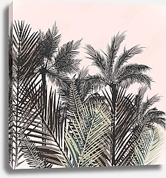 Постер Пальмы и тропические листья на фоне розового неба