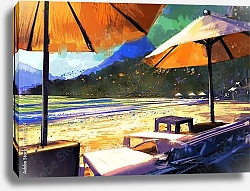 Постер Солнцезащитные зонтики и шезлонги на пляже