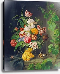 Постер Лауэр Йозеф Still life with flowers, sparrow and vine branch