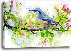 Постер Синяя птичка на весенней ветке