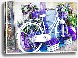 Постер Белый велосипед у цветочной лавки