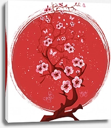 Постер Цветущее дерево сакуры на фоне красного солнца