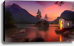 Постер Розовый рассвет над озером