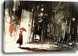 Постер Одинокая женщина под зонтом в заброшенном городе