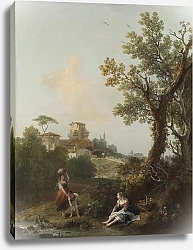 Постер Зукарелли Франческо Пейзад с деревьями, рекой и рыбачащим мальчиком