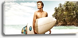 Постер Сёрфер с доской на тропическом пляже