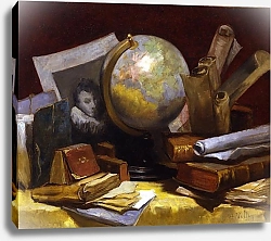 Постер Воллон Антуан Натюрморт с картой мира, книгами и пергаментом