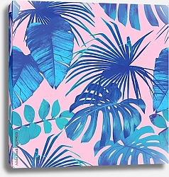 Постер Синие тропические листья на розовом фоне