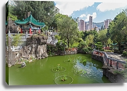 Постер Парк с прудом в Гонконге, Китай.