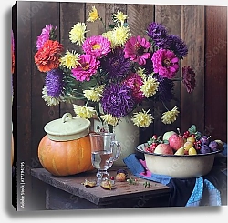 Постер Большой натюрморт с осенними цветами и плодами