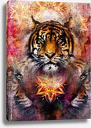 Постер Портрет тигра на фоне декоративных цветов