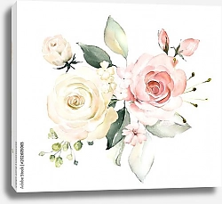 Постер Акварельная белая и розовая розы с бутонами