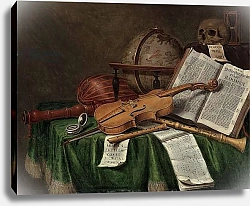 Постер Кольер Эварт Vanitas still life with an astrological globe, a violin, a skull, an hourglass, an open book, a score, a watch, a lute and other musical instruments on a draped table, 1680s