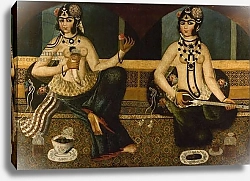 Постер Школа: Персидская 19в. A Qajar painting of two girls, 1811-14
