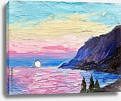 Постер Море, горы и розовый закат