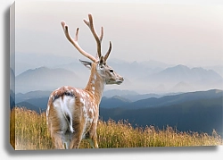 Постер Пятнистый олень на фоне туманных гор