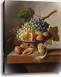 Постер Брюн Иоханнес Grapes, an orange and walnuts in a wicker basket with a lemon and plums, all on a marble ledge
