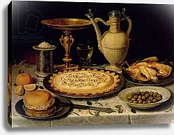 Постер Питерс Клара Still life with a tart, roast chicken, bread, rice and olives