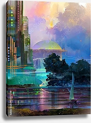 Постер Фантастический городской пейзаж с парусной лодкой