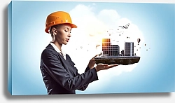 Постер Женщина-строитель и модель жилого комплекса