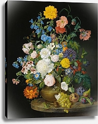 Постер Петтер Франс A Vase Of Camellias, Geraniums, Dahlias, A White Peony, Roses, Poppies And Other Flowers, With Fruit On A Stone Ledge