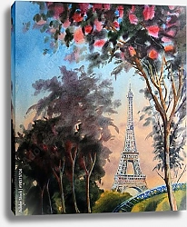 Постер Пейзаж с Эйфелевой башней и цветущими деревьями в Париже