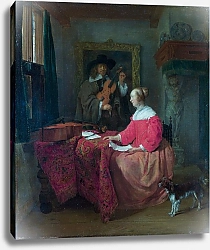 Постер Метсю Габриэль Женщина, сидящая у стола и мужчина со скрипкой
