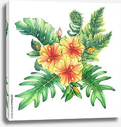 Постер Букет с желто-оранжевыми цветами гибискуса и тропическими листьями