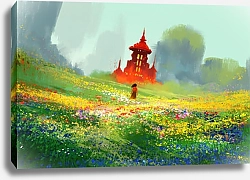 Постер Женщина в цветочных полях рядом с красным замком