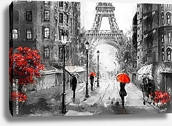 Постер Люди под красными зонтами на улице Парижа