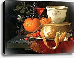 Постер Брок Элиас Still life of an orange, a lemon and strawberry on a pewter plate, a wan-li bowl behind