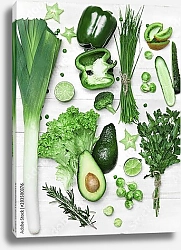 Постер Зеленые овощи и фрукты на деревянном столе