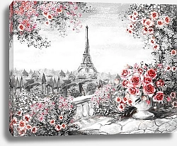 Постер Вид на Париж с балкона с красными цветами