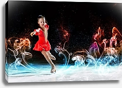 Постер Маленькая фигуристка в красном костюме на льду